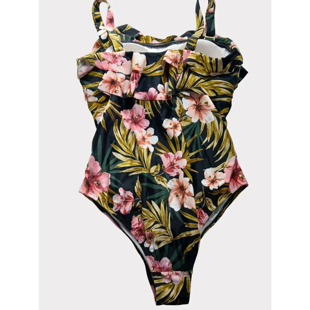 Kona Sol 16W Black Green Pink Floral Ruffle Front One Piece Swimsuit 16W Plus - Picture 10 of 13